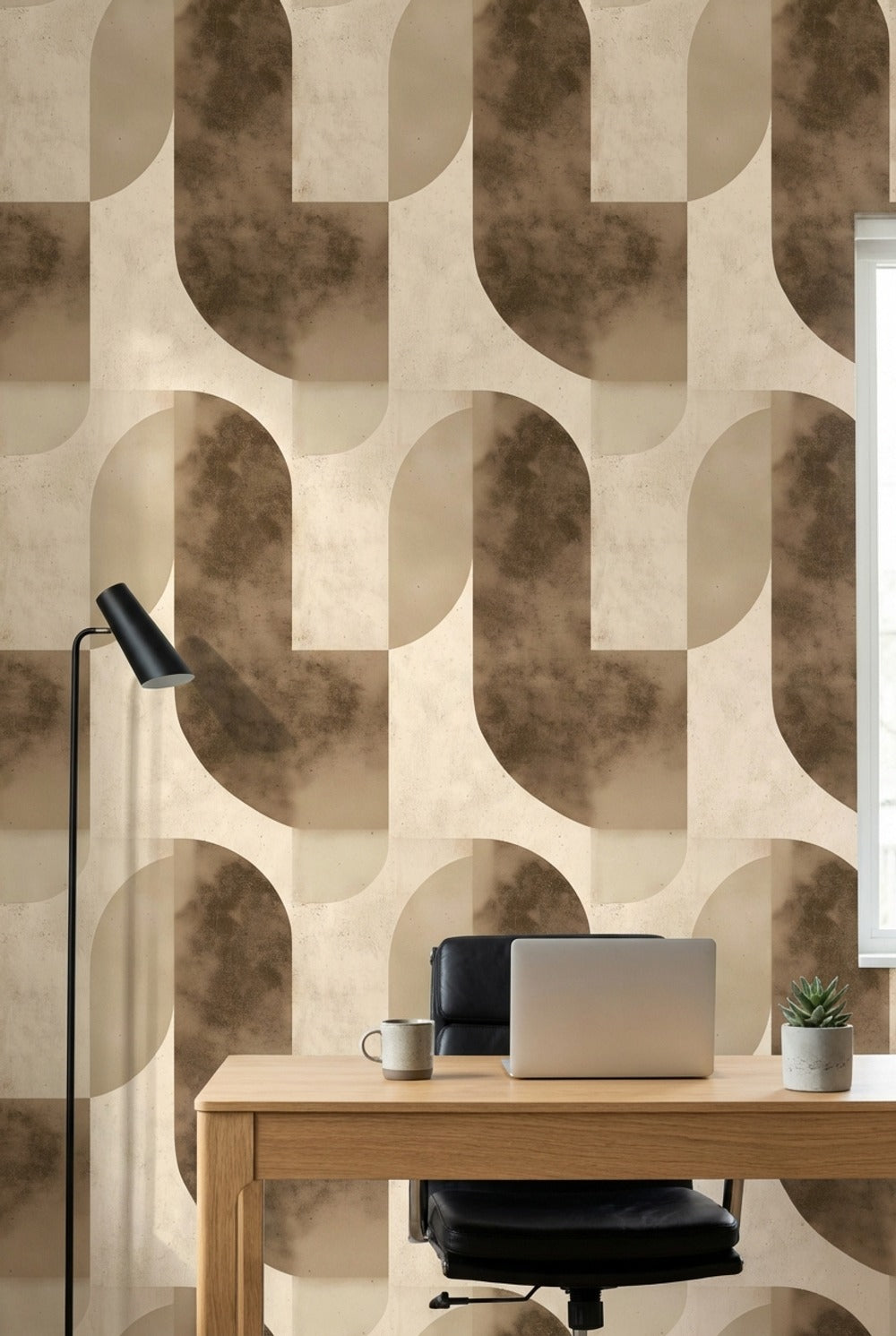 Geometrik Kemer Desenli Duvar Kağıdı Bej Kahverengi Modern Salon