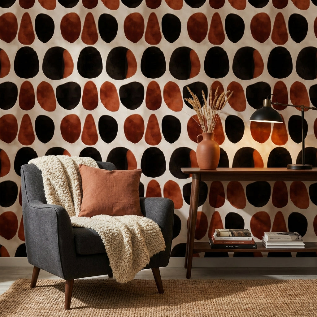 Soyut Oval Desenli Duvar Kağıdı Siyah Kiremit Rengi Modern