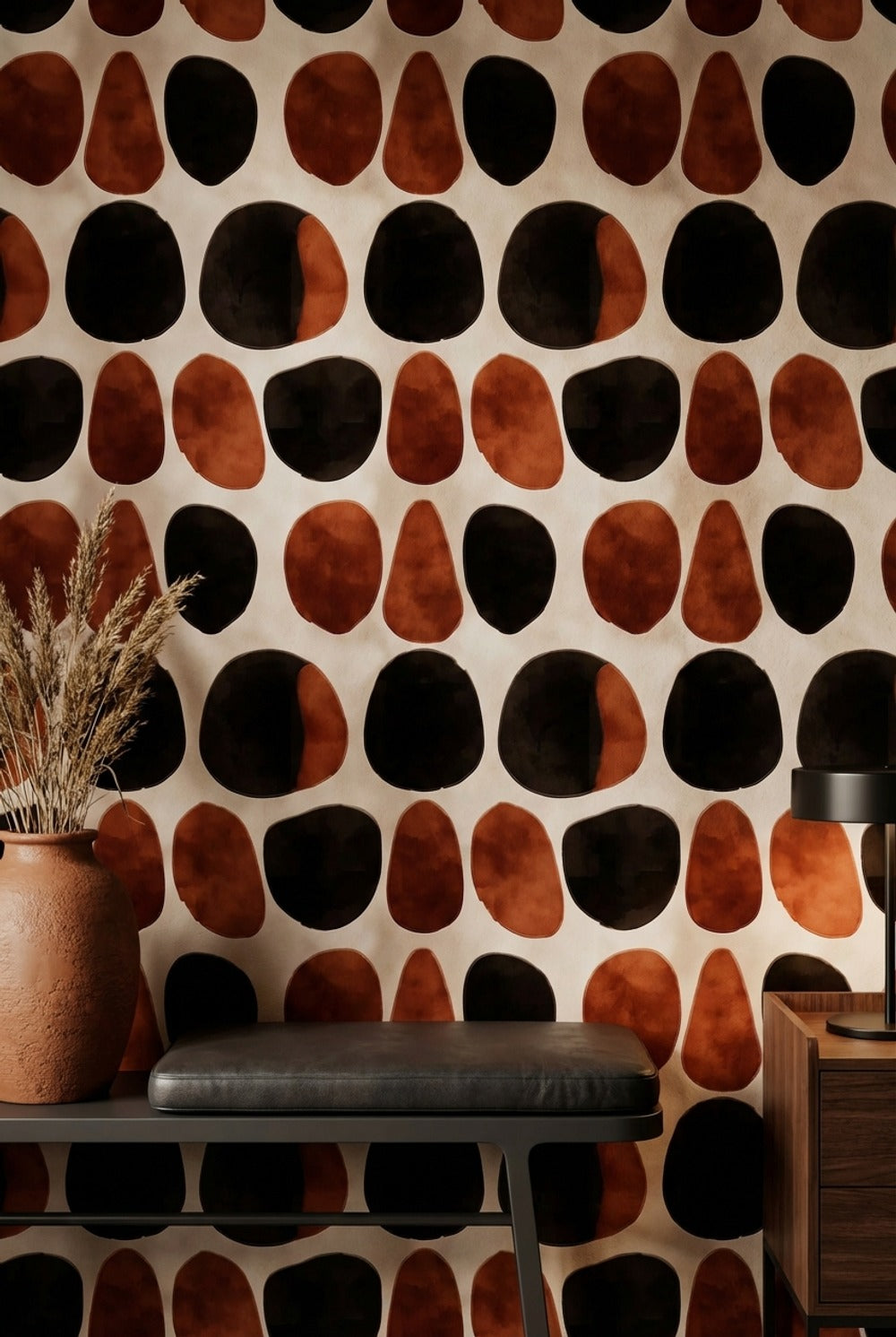 Soyut Oval Desenli Duvar Kağıdı Siyah Kiremit Rengi Modern