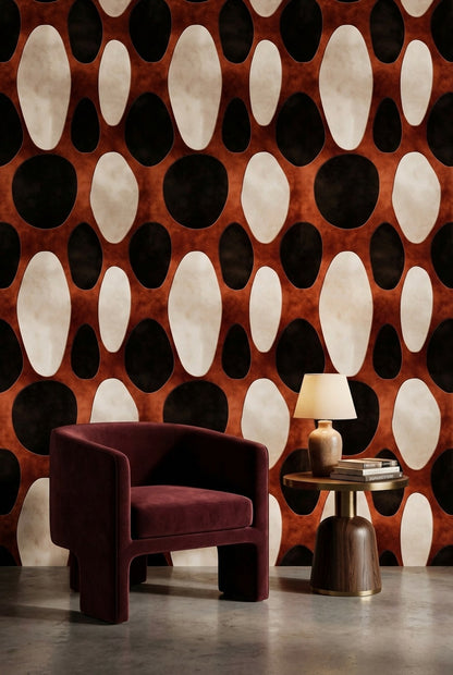 Retro Oval Desenli Duvar Kağıdı Kahverengi Siyah Salon