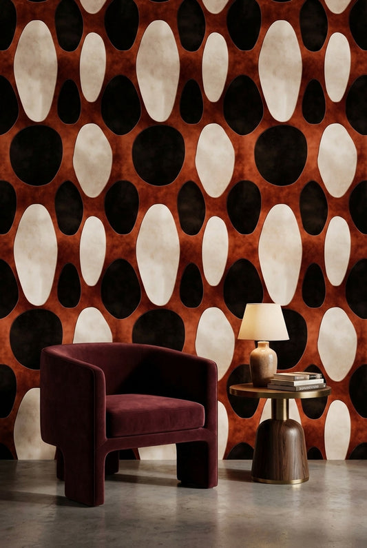 Retro Oval Desenli Duvar Kağıdı Kahverengi Siyah Salon