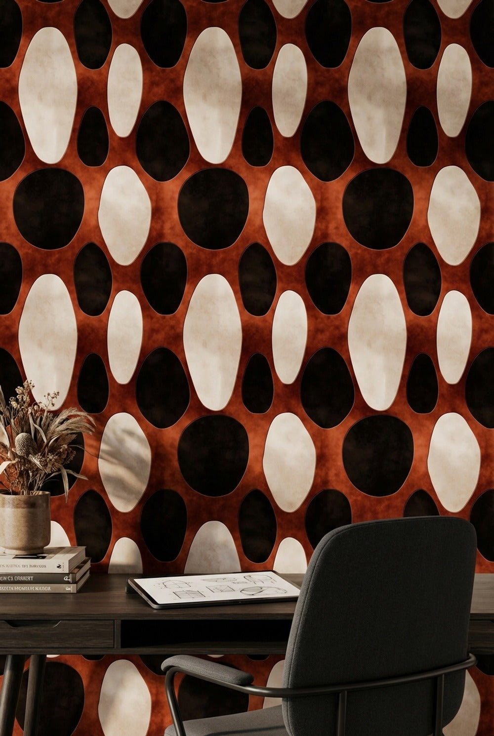 Retro Oval Desenli Duvar Kağıdı Kahverengi Siyah Salon