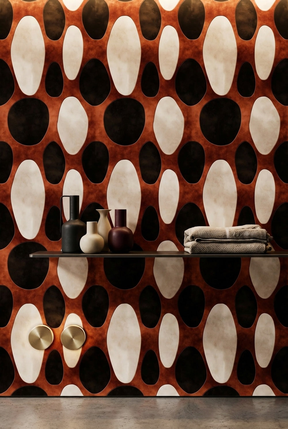 Retro Oval Desenli Duvar Kağıdı Kahverengi Siyah Salon