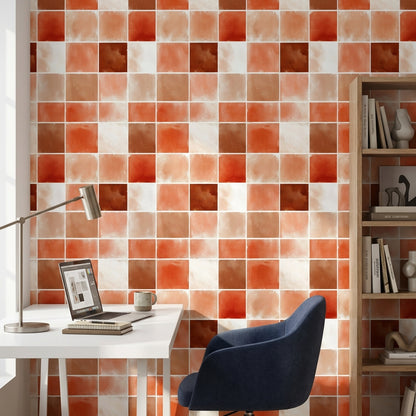 Kare Desenli Duvar Kağıdı Terracotta Tonlarda Modern Dekor