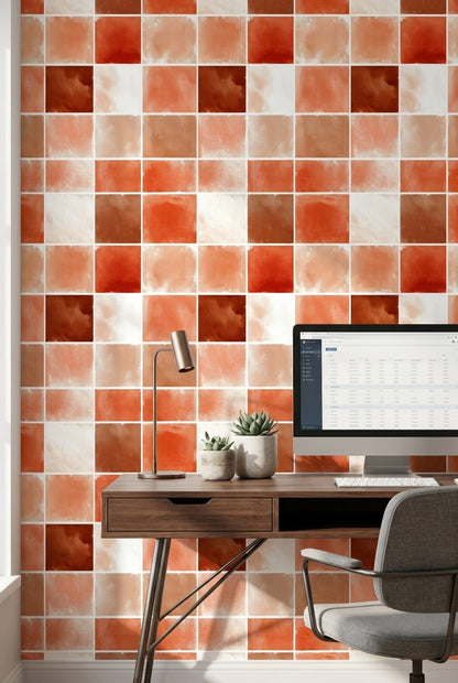 Kare Desenli Duvar Kağıdı Terracotta Tonlarda Modern Dekor