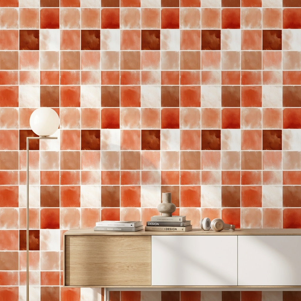 Kare Desenli Duvar Kağıdı Terracotta Tonlarda Modern Dekor