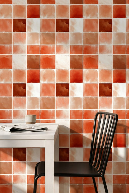 Kare Desenli Duvar Kağıdı Terracotta Tonlarda Modern Dekor