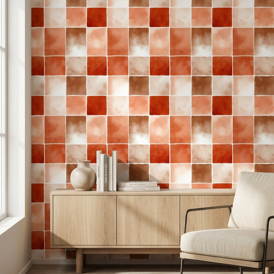 Kiremit Tonlu Kare Desenli Duvar Kağıdı Modern Salon