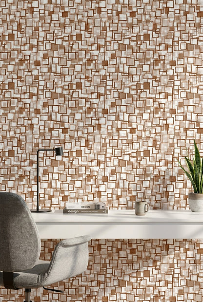 Geometrik Kare Desenli Duvar Kağıdı Kahverengi Krem Modern