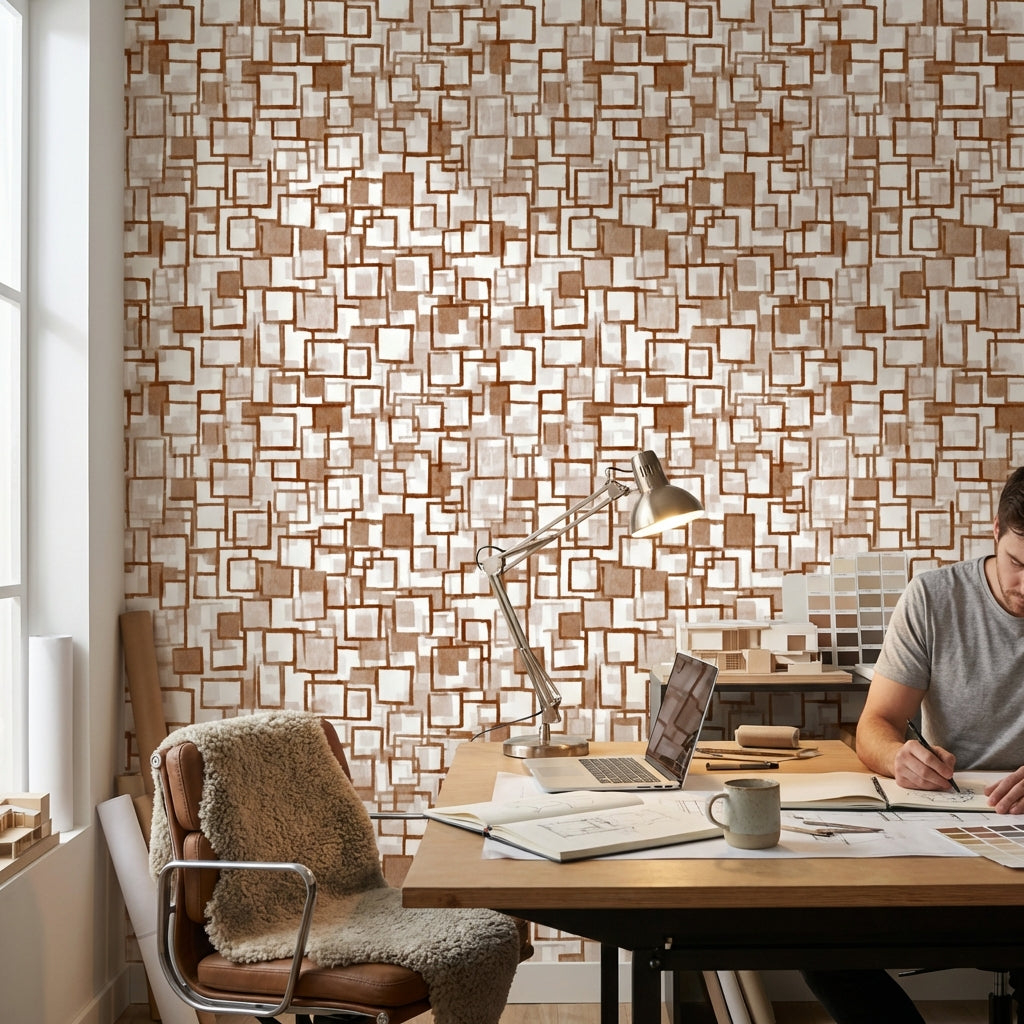 Geometrik Kare Desenli Duvar Kağıdı Kahverengi Krem Modern