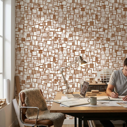 Geometrik Kare Desenli Duvar Kağıdı Kahverengi Krem Modern