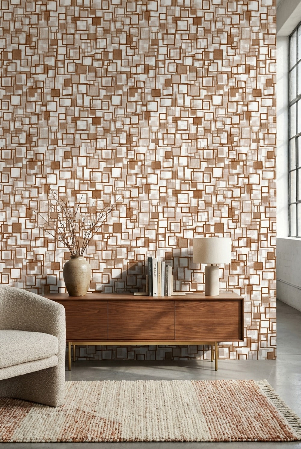 Geometrik Kare Desenli Duvar Kağıdı Kahverengi Krem Modern