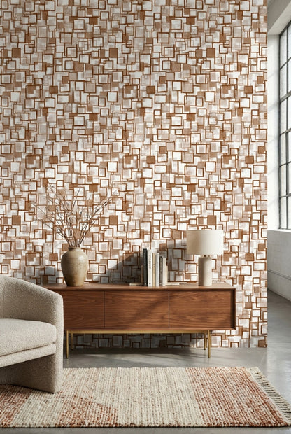 Geometrik Kare Desenli Duvar Kağıdı Kahverengi Krem Modern