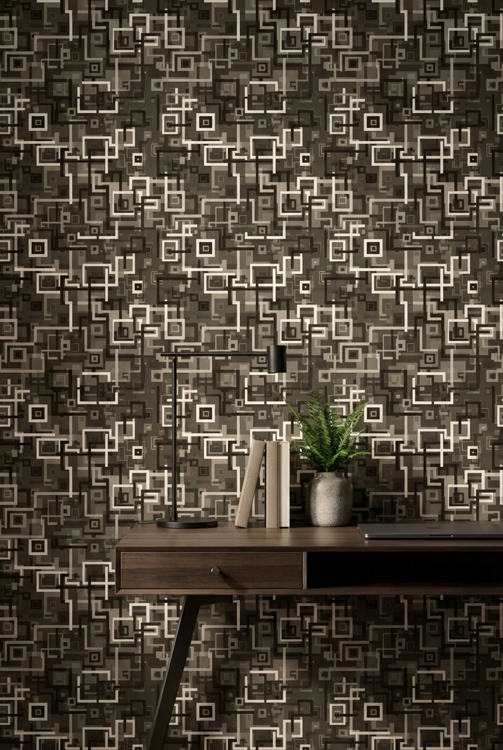 Geometrik Kare Desenli Duvar Kağıdı Gri Siyah Salon