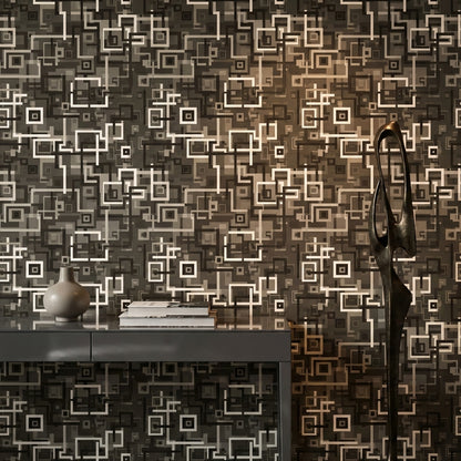 Geometrik Kare Desenli Duvar Kağıdı Gri Siyah Salon