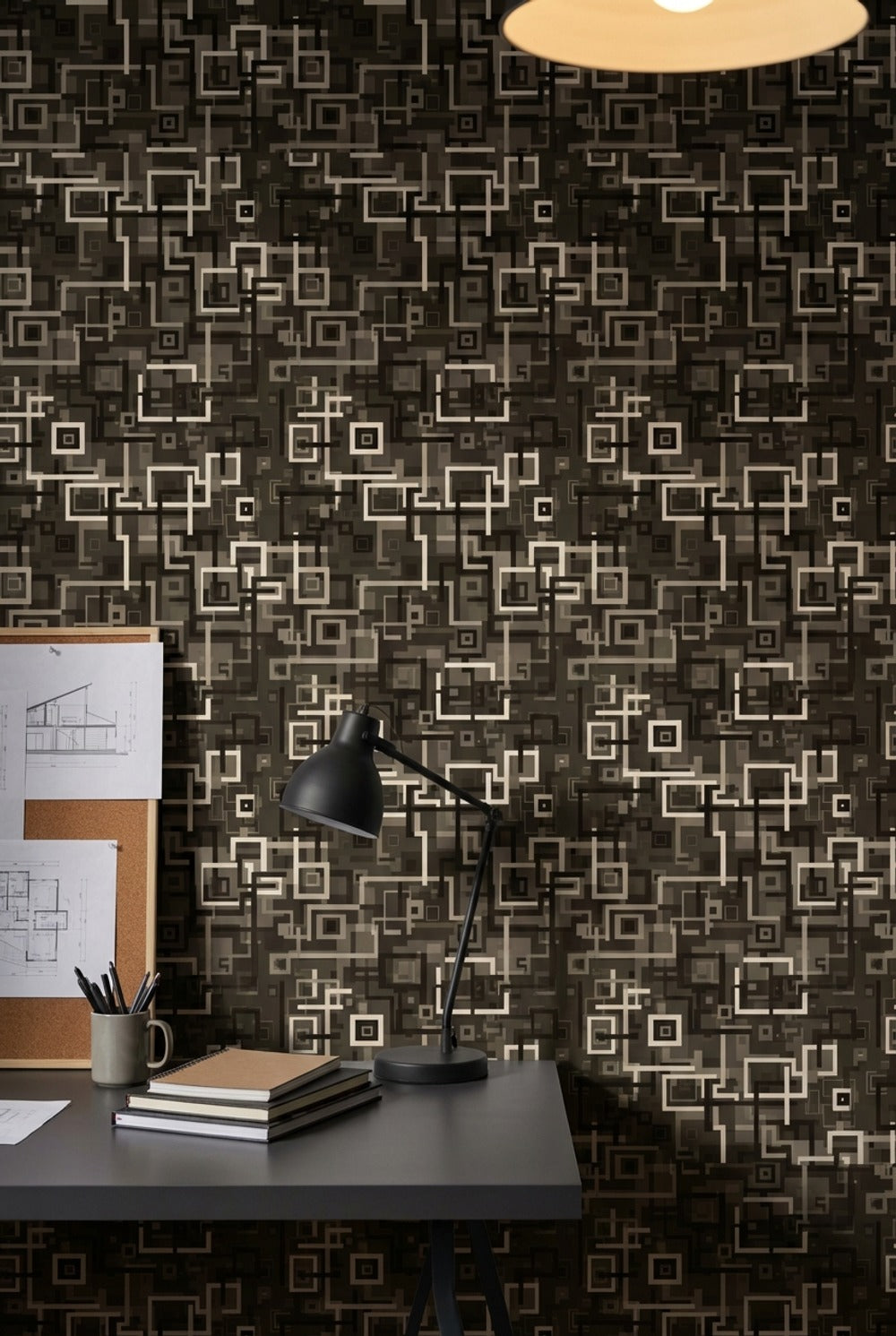 Geometrik Kare Desenli Duvar Kağıdı Gri Siyah Salon