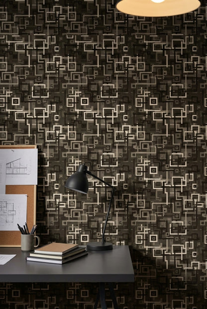 Geometrik Kare Desenli Duvar Kağıdı Gri Siyah Salon