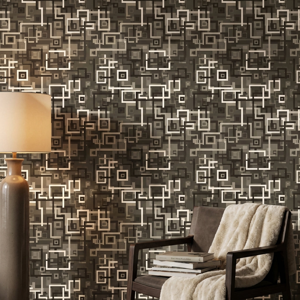 Geometrik Kare Desenli Duvar Kağıdı Gri Siyah Salon