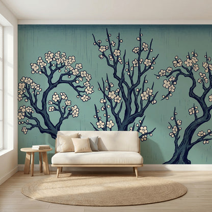 Sakura Çiçekli Dallı Poster Duvar Kağıdı Mavi Salon
