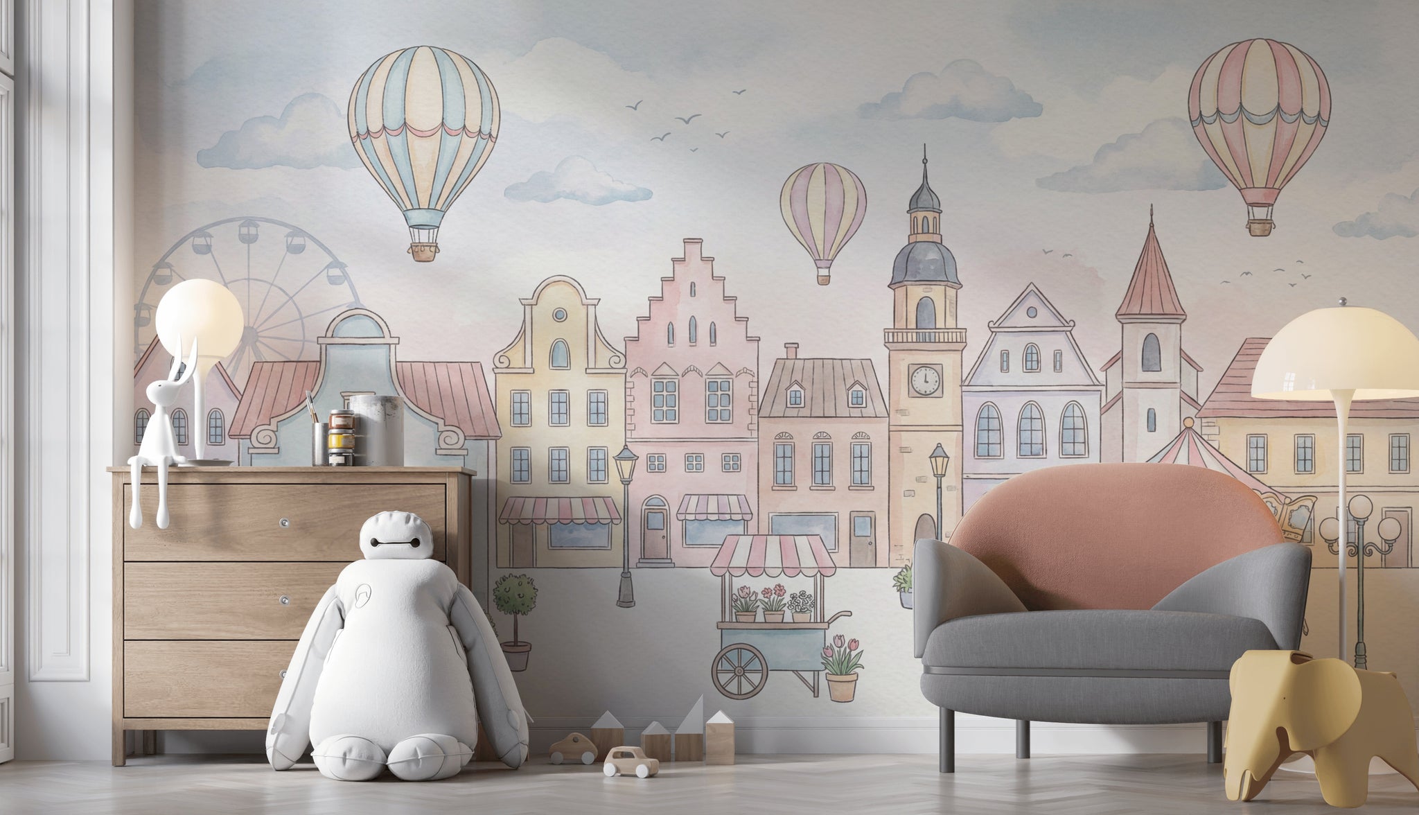 Balonlu Masal Şehri Poster Duvar Kağıdı Pastel Bebek Odası