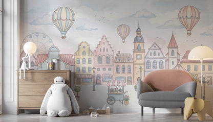 Balonlu Masal Şehri Poster Duvar Kağıdı Pastel Bebek Odası