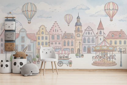 Balonlu Masal Şehri Poster Duvar Kağıdı Pastel Bebek Odası