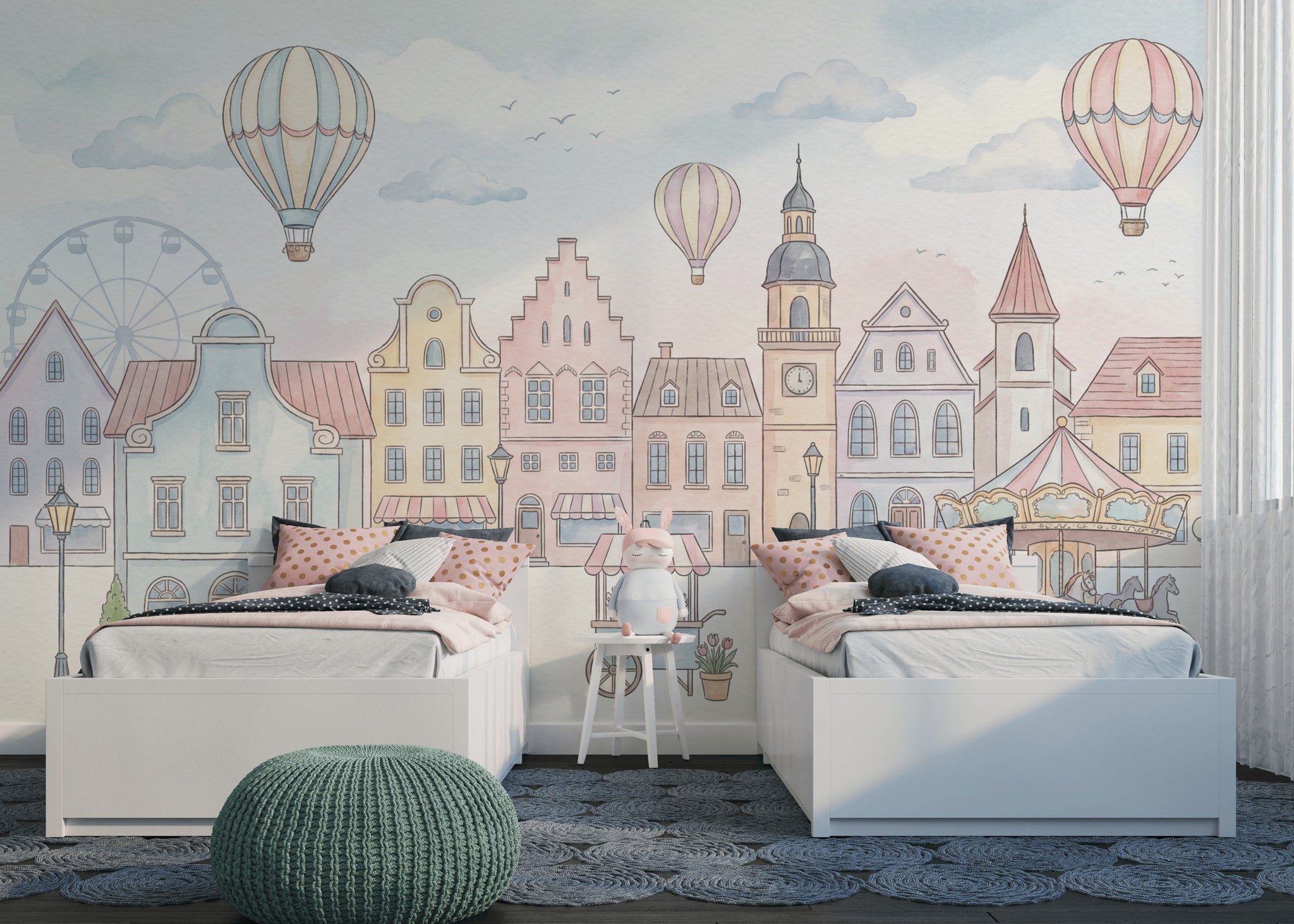 Balonlu Masal Şehri Poster Duvar Kağıdı Pastel Bebek Odası