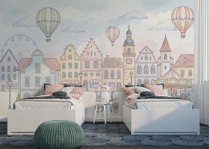Balonlu Masal Şehri Poster Duvar Kağıdı Pastel Bebek Odası