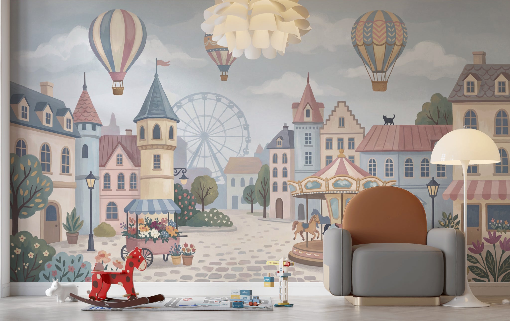 Balonlu Lunapark Şehir Manzarası Poster Duvar Kağıdı Çocuk Odası