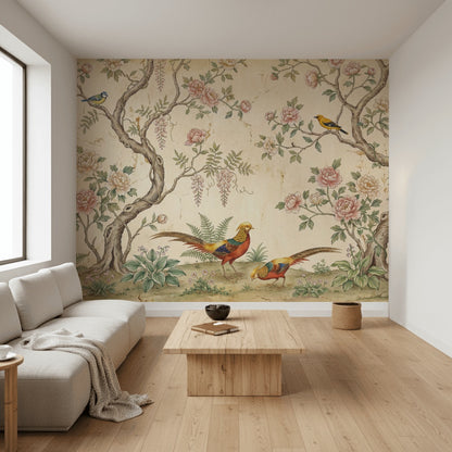 Vintage Çiçekli Kuşlu Poster Duvar Kağıdı Bej Yatak Odası