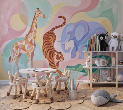 Pastel Safari Hayvanlı Poster Duvar Kağıdı Bebek Odası