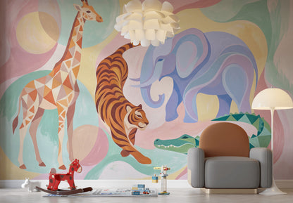 Pastel Safari Hayvanlı Poster Duvar Kağıdı Bebek Odası