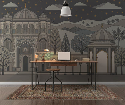 Saray Mimari Desenli Poster Duvar Kağıdı Gece Gökyüzü Salon
