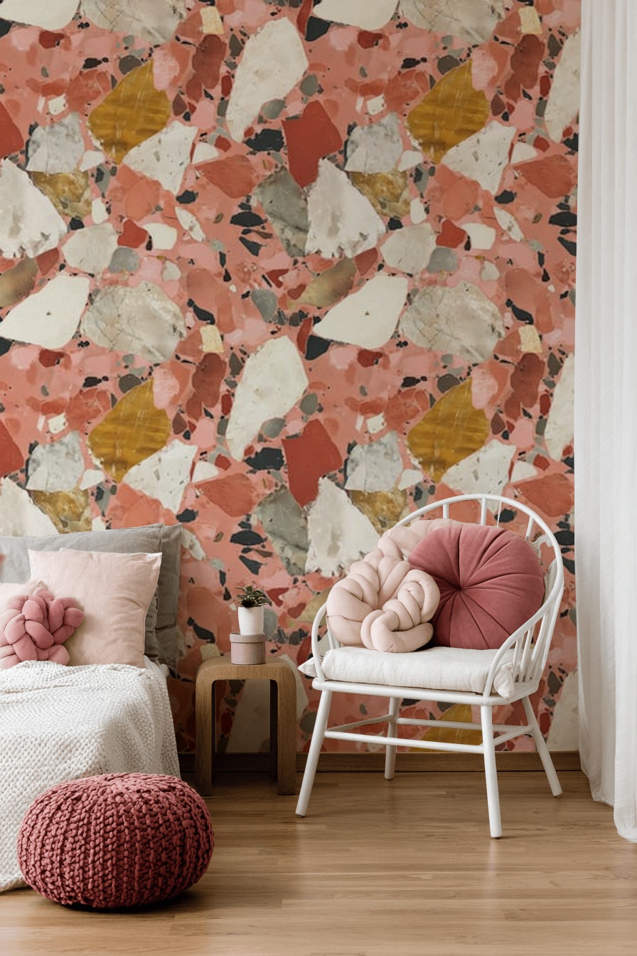 Pembe Terrazzo Desenli Duvar Kağıdı Modern Salon Dekoru