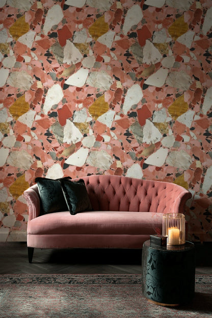 Pembe Terrazzo Desenli Duvar Kağıdı Modern Salon Dekoru