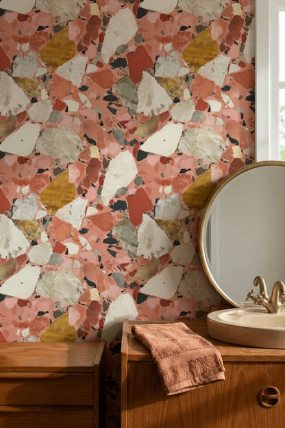 Pembe Terrazzo Desenli Duvar Kağıdı Modern Salon Dekoru