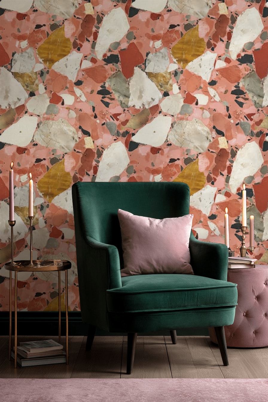 Pembe Terrazzo Desenli Duvar Kağıdı Modern Salon Dekoru