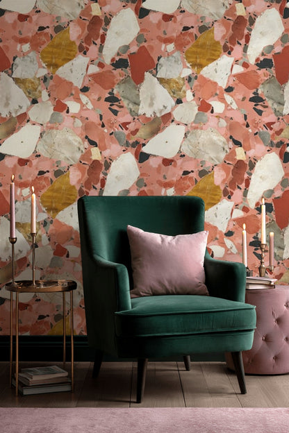 Pembe Terrazzo Desenli Duvar Kağıdı Modern Salon Dekoru