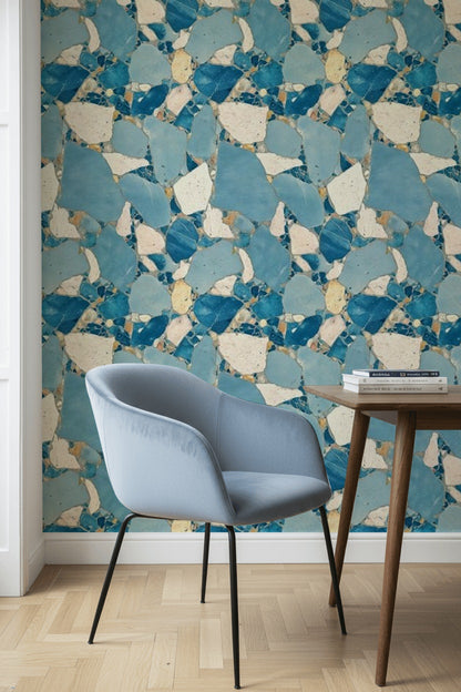 Mavi Terrazzo Desenli Duvar Kağıdı Modern Salon Dekoru