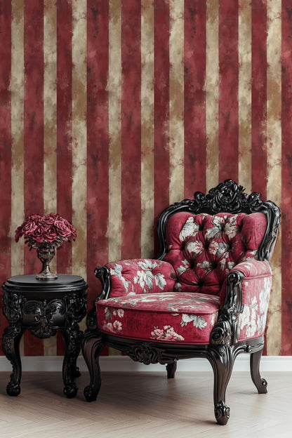 Bordo Çizgili Duvar Kağıdı Vintage Klasik Salon Dekoru