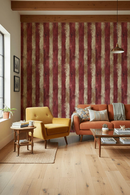 Bordo Çizgili Duvar Kağıdı Vintage Klasik Salon Dekoru