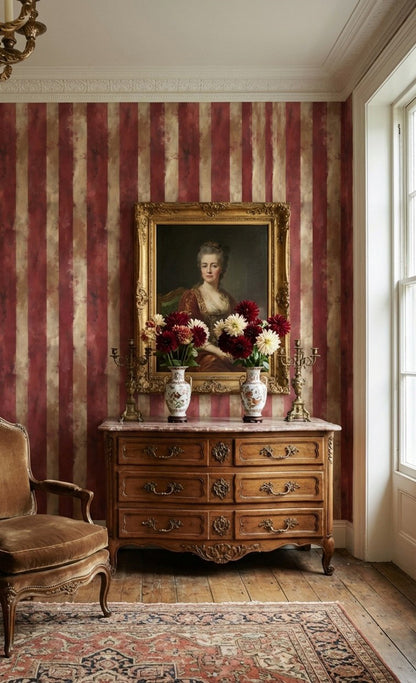 Bordo Çizgili Duvar Kağıdı Vintage Klasik Salon Dekoru