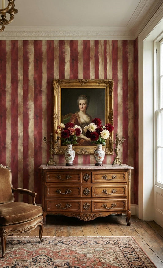 Bordo Çizgili Duvar Kağıdı Vintage Klasik Salon Dekoru