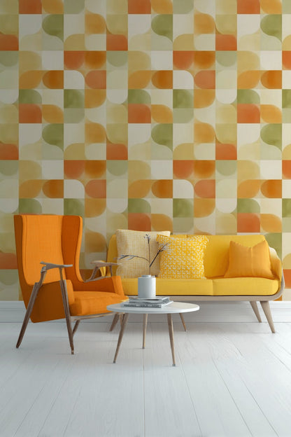 Retro Geometrik Duvar Kağıdı Turuncu Yeşil Kare Desenli