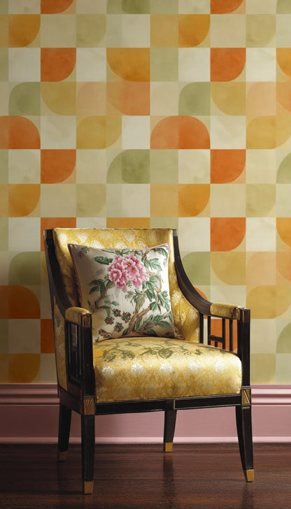 Geometrik Retro Duvar Kağıdı Turuncu Yeşil Desenli Salon