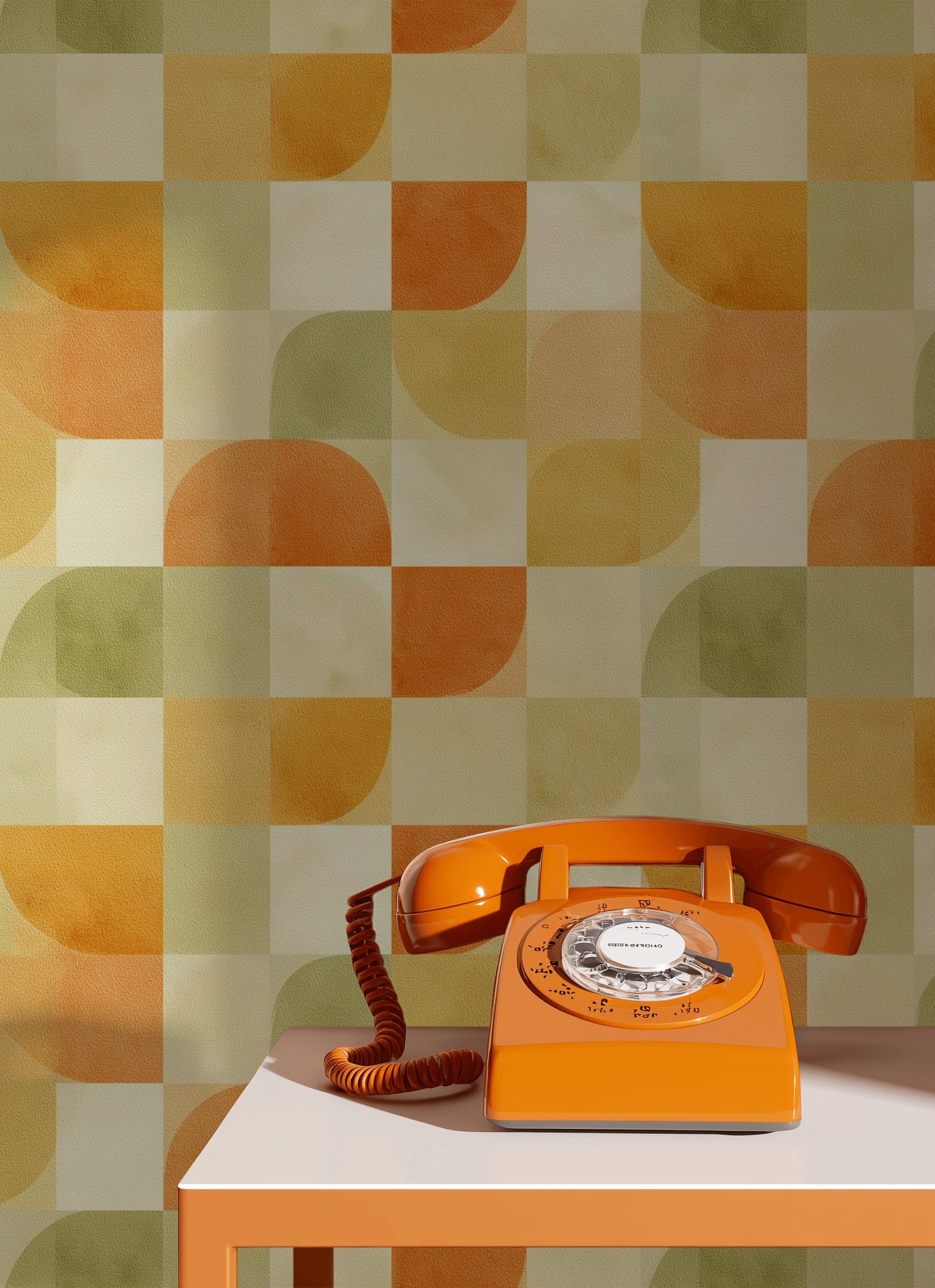 Geometrik Retro Duvar Kağıdı Turuncu Yeşil Desenli Salon