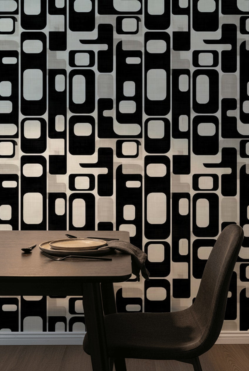 Retro Geometrik Duvar Kağıdı Siyah Beyaz Modern Salon