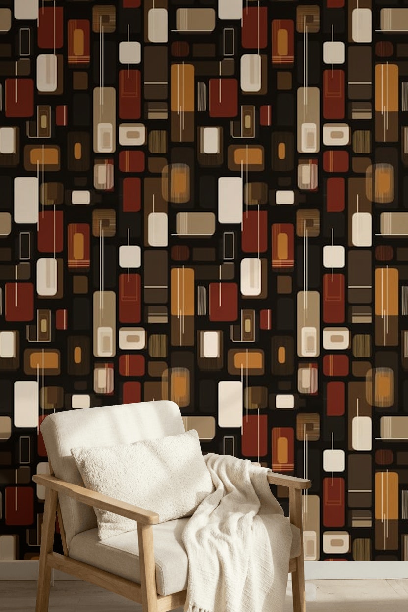Retro Geometrik Duvar Kağıdı Kahverengi Turuncu Desenli Salon