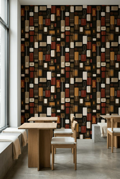 Retro Geometrik Duvar Kağıdı Kahverengi Turuncu Desenli Salon