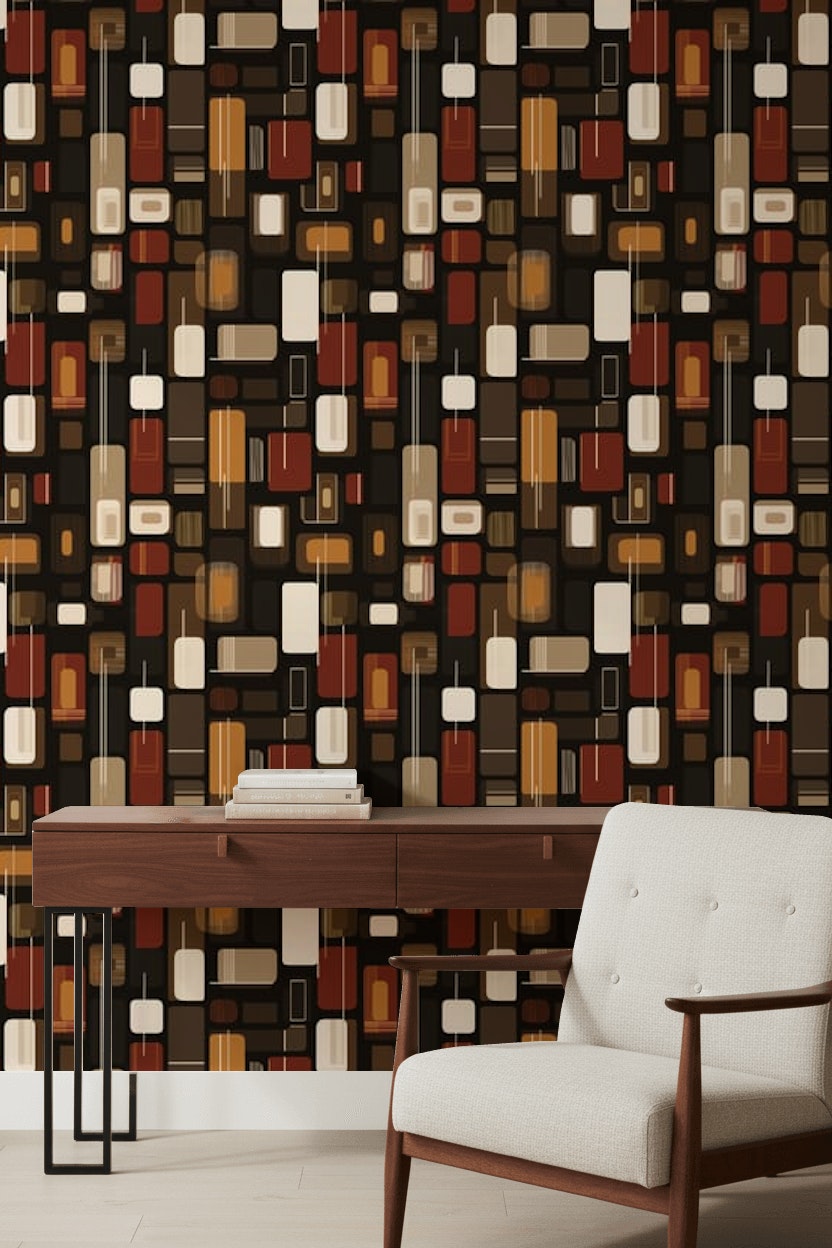 Retro Geometrik Duvar Kağıdı Kahverengi Turuncu Desenli Salon